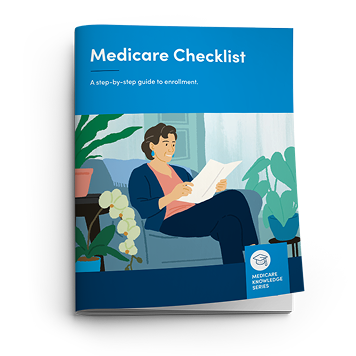 A woman sitting on a couch reading a book titled "Medicare Checklist: A step-by-step guide to enrollment" from the "Medicare Knowledge Series."