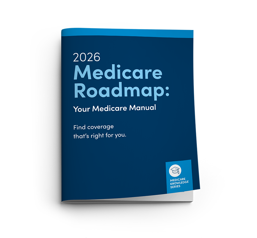 A dark blue book titled Medicare Roadmap Your Medicare Manual.