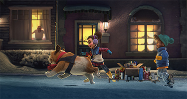 An animated dog pulls a cart of canned goods through a snowy night street, accompanied by two children.