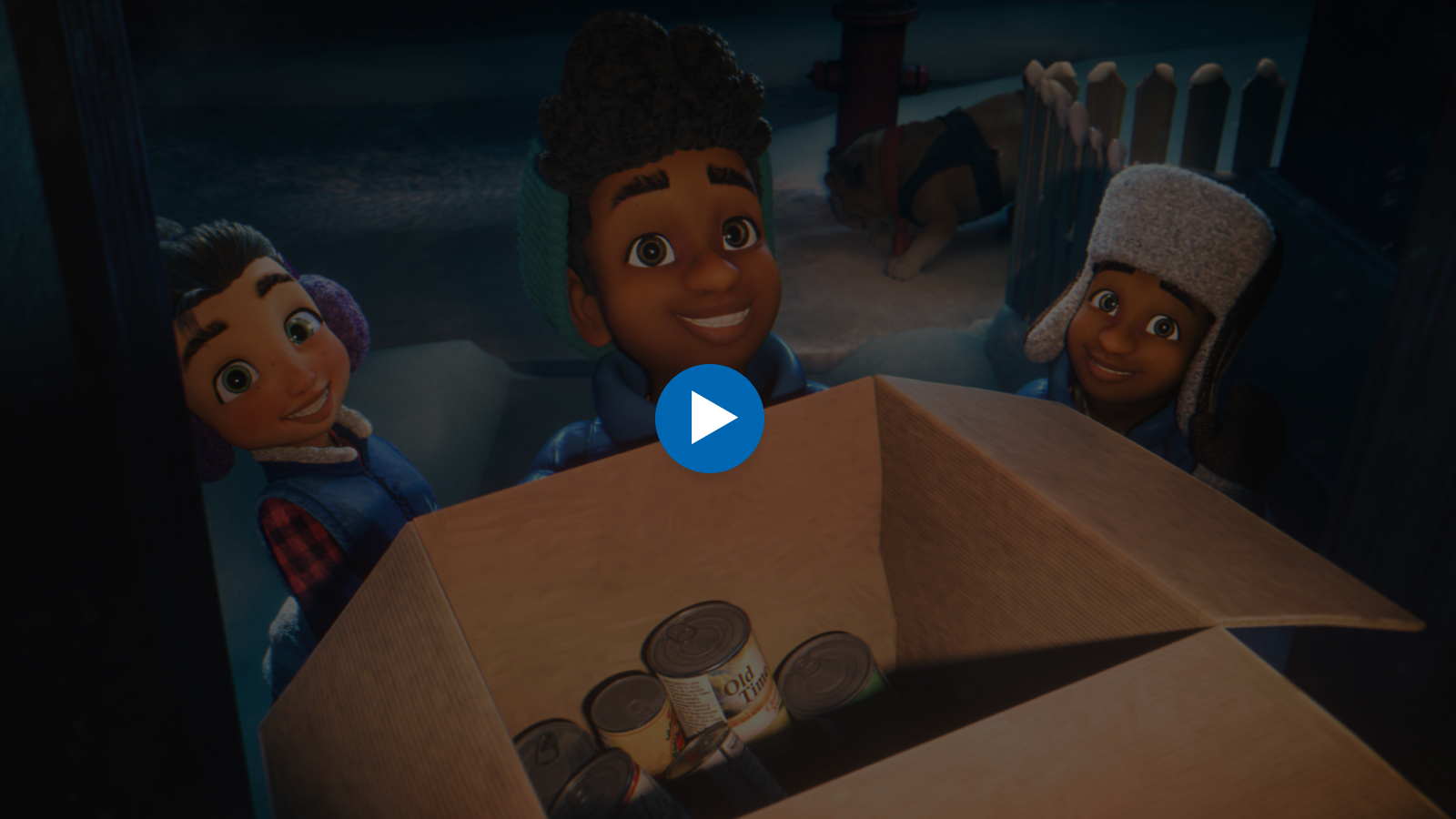 Three animated children smiling and looking into a cardboard box filled with canned goods. A dog and fire hydrant are visible in the background.