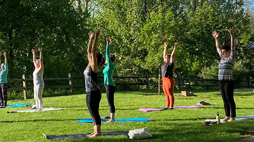 A group of diverse women practicing yoga outdoors on individual mats in a grassy area with trees in the background, all with their arms raised in a standing pose.