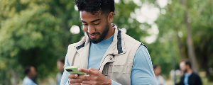 A man with dark hair and a beard, wearing a light blue long-sleeved shirt and a beige vest, looks down at his green smartphone outdoors.